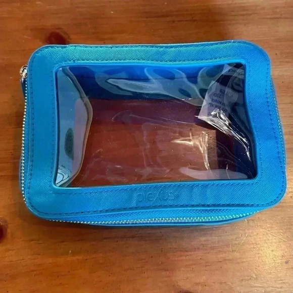 plexus Handbags - Cosmetic Travel Bag with see through front Teal Blue with Gold Zipper